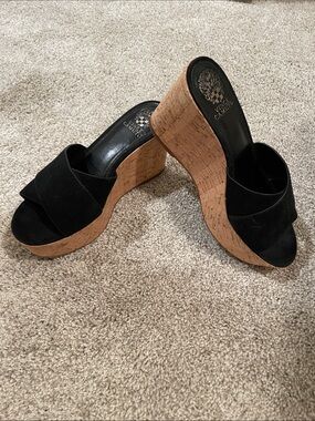 Vince Camuto Black Suede Cork Wedge Slide Sandals -